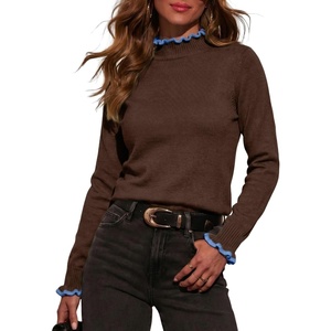image:imageSidefeel Womens Mock Neck Ruffle Pullover Sweaters  Contrast Frill Edge Jumper Tops Long Sleeve Standard Length Soft Knit Regular Fit Versatile Layering TopCoffee