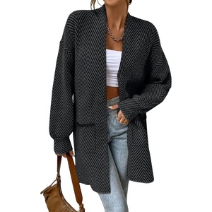 image:imageSidefeel Womens Open Front Chevron Cardigan Sweaters  Soft Chunky Knit Long Sleeve Colorblock Cardigans Oversized Sweater Coat with Pockets 2026 Fall Outfits Casual Daily WearBlack and Gray