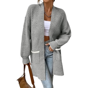 image:imageSidefeel Womens Open Front Chevron Cardigan Sweaters  Soft Chunky Knit Long Sleeve Colorblock Cardigans Oversized Sweater Coat with Pockets 2026 Fall Outfits Casual Daily WearGray