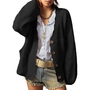 image:imageSidefeel Womens Oversized Fuzzy Cardigan Sweaters  Long Sleeve Scalloped Front Placket with V Neck Patch Pockets Tunic Length Button Down Front Soft and CozyBlack