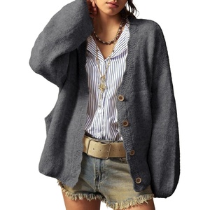 image:imageSidefeel Womens Oversized Fuzzy Cardigan Sweaters  Long Sleeve Scalloped Front Placket with V Neck Patch Pockets Tunic Length Button Down Front Soft and CozyDark Grey