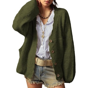 image:imageSidefeel Womens Oversized Fuzzy Cardigan Sweaters  Long Sleeve Scalloped Front Placket with V Neck Patch Pockets Tunic Length Button Down Front Soft and CozyGreen