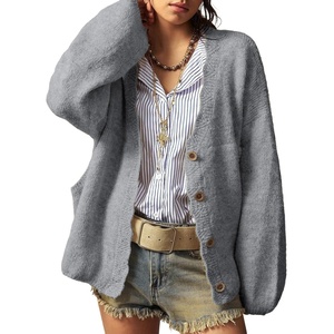 image:imageSidefeel Womens Oversized Fuzzy Cardigan Sweaters  Long Sleeve Scalloped Front Placket with V Neck Patch Pockets Tunic Length Button Down Front Soft and CozyGray