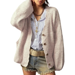 image:imageSidefeel Womens Oversized Fuzzy Cardigan Sweaters  Long Sleeve Scalloped Front Placket with V Neck Patch Pockets Tunic Length Button Down Front Soft and CozyWhite