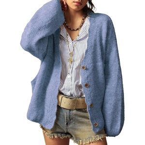 image:imageSidefeel Womens Oversized Fuzzy Cardigan Sweaters  Long Sleeve Scalloped Front Placket with V Neck Patch Pockets Tunic Length Button Down Front Soft and CozyAshleigh Blue
