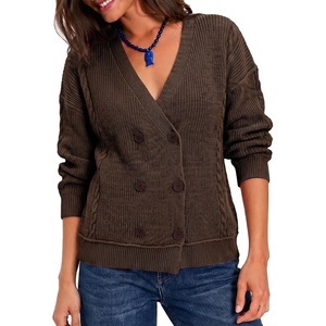 image:imageSidefeel Womens Oversized Long Sleeve Cable Knit Cardigan Sweaters  Wrap V Neck Double Breasted Chunky Loose Sweaters Coat Casual Fall Winter Outfits for Street Office and VacationsCoffee