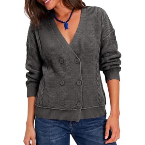 image:imageSidefeel Womens Oversized Long Sleeve Cable Knit Cardigan Sweaters  Wrap V Neck Double Breasted Chunky Loose Sweaters Coat Casual Fall Winter Outfits for Street Office and VacationsDark Grey