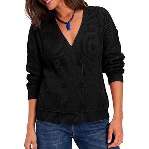 image:imageSidefeel Womens Oversized Long Sleeve Cable Knit Cardigan Sweaters  Wrap V Neck Double Breasted Chunky Loose Sweaters Coat Casual Fall Winter Outfits for Street Office and VacationsBlack