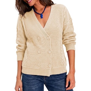 image:imageSidefeel Womens Oversized Long Sleeve Cable Knit Cardigan Sweaters  Wrap V Neck Double Breasted Chunky Loose Sweaters Coat Casual Fall Winter Outfits for Street Office and VacationsApricot