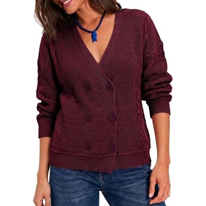 image:imageSidefeel Womens Oversized Long Sleeve Cable Knit Cardigan Sweaters  Wrap V Neck Double Breasted Chunky Loose Sweaters Coat Casual Fall Winter Outfits for Street Office and VacationsBurgundy