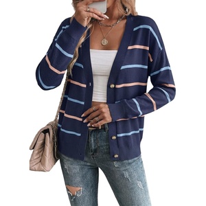 image:imageSidefeel Womens Striped Cropped Cardigan Sweaters  V Neck Button Down Front Versatile Layering Top Lightweight Knit Cute Sweater Coat Office WearBlue