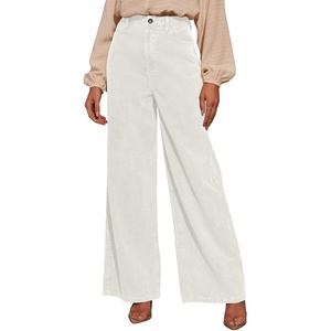 image:imageSidefeel Womens Wide Leg Corduroy Pants High Waisted Baggy Trousers  Elastic Waist Tummy Control Full Length Palazzo 4 Pockets Relaxed Loose Fit Soft Comfy Fall Clothes Office WearWhite