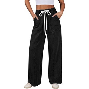 image:imageSidefeel Womens Wide Leg Jeans Baggy High Waisted Stretchy Trendy Front Seam Drawstring Denim Sweatpants with Slant PocketsBlack