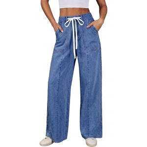 image:imageSidefeel Womens Wide Leg Jeans Baggy High Waisted Stretchy Trendy Front Seam Drawstring Denim Sweatpants with Slant PocketsLight Blue