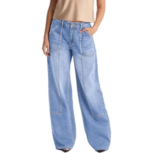 image:imageSidefeel Womens Wide Leg Jeans High Waisted Stretchy Baggy Denim Pants  Patch Slant Pockets Patchwork Full Length Boyfriend Fashion Clothing Western Outfit Country Concert OutfitsLight Blue