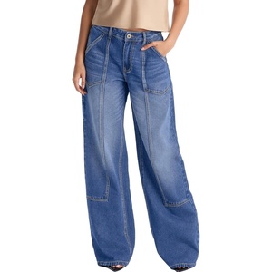 image:imageSidefeel Womens Wide Leg Jeans High Waisted Stretchy Baggy Denim Pants  Patch Slant Pockets Patchwork Full Length Boyfriend Fashion Clothing Western Outfit Country Concert OutfitsDark Blue