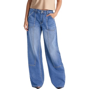 image:imageSidefeel Womens Wide Leg Jeans High Waisted Stretchy Baggy Denim Pants  Patch Slant Pockets Patchwork Full Length Boyfriend Fashion Clothing Western Outfit Country Concert OutfitsBlue