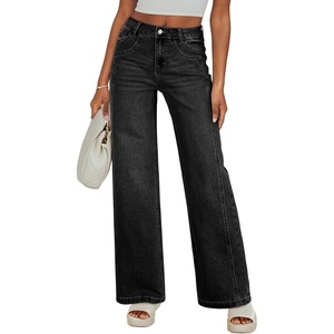 image:imageSidefeel Womens Wide Leg Jeans High Waisted Stretchy Denim Pants  Soft Cozy Denim Cute Patchwork Details Full Length Basic 5 Pockets Relaxed Fit Trendy Jeans for Daily Office Street WearBlack