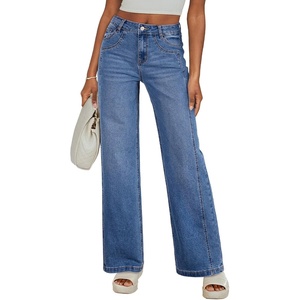 image:imageSidefeel Womens Wide Leg Jeans High Waisted Stretchy Denim Pants  Soft Cozy Denim Cute Patchwork Details Full Length Basic 5 Pockets Relaxed Fit Trendy Jeans for Daily Office Street WearLight Blue