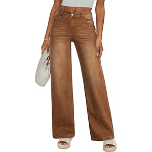 image:imageSidefeel Womens Wide Leg Jeans High Waisted Stretchy Denim Pants  Soft Cozy Denim Cute Patchwork Details Full Length Basic 5 Pockets Relaxed Fit Trendy Jeans for Daily Office Street WearBrown