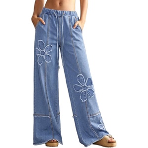image:imageSidefeel Womens Y2K Floral Wide Leg Elastic High Waisted Baggy Jeans  Three Frayed Fower Patches Drawstring Seamed Front Raw Hem Casual Vintage Loose Fit Denim Pants for Daily Street WearIceland Blue
