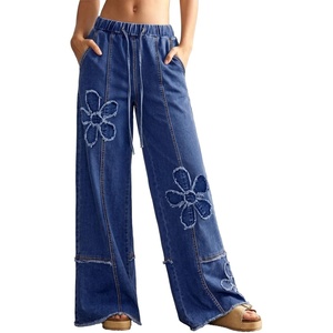 image:imageSidefeel Womens Y2K Floral Wide Leg Elastic High Waisted Baggy Jeans  Three Frayed Fower Patches Drawstring Seamed Front Raw Hem Casual Vintage Loose Fit Denim Pants for Daily Street WearBlue