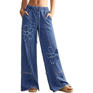 image:imageSidefeel Womens Y2K Floral Wide Leg Elastic High Waisted Baggy Jeans  Three Frayed Fower Patches Drawstring Seamed Front Raw Hem Casual Vintage Loose Fit Denim Pants for Daily Street WearLight Blue