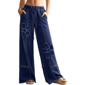image:imageSidefeel Womens Y2K Floral Wide Leg Elastic High Waisted Baggy Jeans  Three Frayed Fower Patches Drawstring Seamed Front Raw Hem Casual Vintage Loose Fit Denim Pants for Daily Street WearBluing