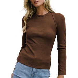 image:imageWomens Ribbed Long Sleeve Shirt Crewneck Fitted Raglan Tops  Soft Stretchy Knit Fabric Raw Edges Slim Casual Style for Layering Teacher shirts Fall Winter Outfits for Going Out WorkCoffee