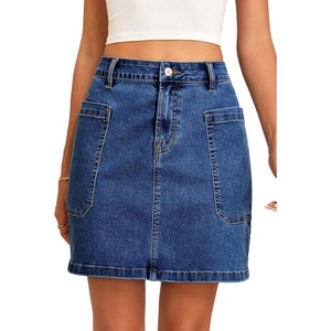 image:imageSidefeel Womens Cargo Pocket Straight Denim Skirt  Above Knee Length CasualPatch PocketsHigh WaistedStretch DenimCasual WearDark Blue