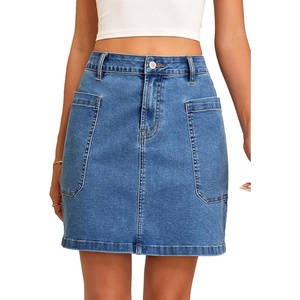 image:imageSidefeel Womens Cargo Pocket Straight Denim Skirt  Above Knee Length CasualPatch PocketsHigh WaistedStretch DenimCasual WearLight Blue