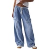 image:imageSidefeel Womens MidLow Rise Y2K Boyfriend Baggy Jeans  Elastic Drawtring Waistband Comfy Stretch Denim Pants Full Length Wide Leg Cargo Style with 6 Pockets Casual Street WearLight Blue