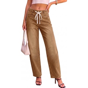 image:imageSidefeel Womens Barrel Jeans Wide Leg High Waisted Stretchy Denim Pants  Drawstring Welt Pocket Baggy Boyfriend Fit Cropped Ankle Length Fashion ClothingBrown