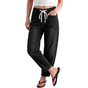 image:imageSidefeel Womens Barrel Jeans Wide Leg High Waisted Stretchy Denim Pants  Drawstring Welt Pocket Baggy Boyfriend Fit Cropped Ankle Length Fashion ClothingBlack