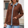 image:imageSidefeel Womens Cable Knit Denim Collar Cardigan Sweaters  Chunky KnitButton Front SweaterPatchworkFunctional Patch PocketsTunic LengthLong SleeveFall Winter OutfitDark Brown