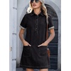 image:imageSidefeel Womens Denim Dress Casual A Line Trendy Mini Jean Dress  Lapel Collar Partial Button Placket Short Cuffed Sleeves Patch Pockets Above Knee Trendy Lightweight Summer Shirt DressBlack