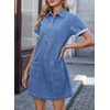 image:imageSidefeel Womens Denim Dress Casual A Line Trendy Mini Jean Dress  Lapel Collar Partial Button Placket Short Cuffed Sleeves Patch Pockets Above Knee Trendy Lightweight Summer Shirt DressLight Blue