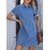 image:imageSidefeel Womens Denim Dress Casual A Line Trendy Mini Jean Dress  Lapel Collar Partial Button Placket Short Cuffed Sleeves Patch Pockets Above Knee Trendy Lightweight Summer Shirt DressLight Blue