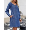 image:imageSidefeel Womens Long Sleeve Drawstring Boat Neck Mini Denim Dress  2026 Fall Outfits Soft Denim Elastic Cuffs Front Bow Tie A Line Jean Dress with Pockets for Casual and Daily WearBlue