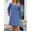 image:imageSidefeel Womens Long Sleeve Drawstring Boat Neck Mini Denim Dress  2026 Fall Outfits Soft Denim Elastic Cuffs Front Bow Tie A Line Jean Dress with Pockets for Casual and Daily WearSky Blue