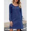 image:imageSidefeel Womens Long Sleeve Drawstring Boat Neck Mini Denim Dress  2026 Fall Outfits Soft Denim Elastic Cuffs Front Bow Tie A Line Jean Dress with Pockets for Casual and Daily WearBluing