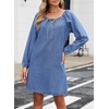 image:imageSidefeel Womens Long Sleeve Drawstring Boat Neck Mini Denim Dress  2026 Fall Outfits Soft Denim Elastic Cuffs Front Bow Tie A Line Jean Dress with Pockets for Casual and Daily WearSky Blue