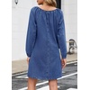 image:imageSidefeel Womens Long Sleeve Drawstring Boat Neck Mini Denim Dress  2026 Fall Outfits Soft Denim Elastic Cuffs Front Bow Tie A Line Jean Dress with Pockets for Casual and Daily WearBlue
