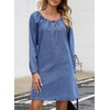 image:imageSidefeel Womens Long Sleeve Drawstring Boat Neck Mini Denim Dress  2026 Fall Outfits Soft Denim Elastic Cuffs Front Bow Tie A Line Jean Dress with Pockets for Casual and Daily WearSky Blue