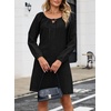image:imageSidefeel Womens Long Sleeve Drawstring Boat Neck Mini Denim Dress  2026 Fall Outfits Soft Denim Elastic Cuffs Front Bow Tie A Line Jean Dress with Pockets for Casual and Daily WearBlack