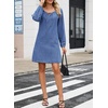 image:imageSidefeel Womens Long Sleeve Drawstring Boat Neck Mini Denim Dress  2026 Fall Outfits Soft Denim Elastic Cuffs Front Bow Tie A Line Jean Dress with Pockets for Casual and Daily WearSky Blue
