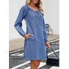 image:imageSidefeel Womens Long Sleeve Drawstring Boat Neck Mini Denim Dress  2026 Fall Outfits Soft Denim Elastic Cuffs Front Bow Tie A Line Jean Dress with Pockets for Casual and Daily WearSky Blue