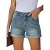 image:imageSidefeel Womens High Waisted Stretchy Folded Hem Jean Shorts  Soft Cozy Material Trendy Patchwork Details 39 Inches Inseam Loose Fit Summer Denim Shorts with Pockets Casual Work WearVintage Blue