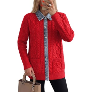 image:imageSidefeel Womens Cable Knit Denim Collar Cardigan Sweaters  Chunky KnitButton Front SweaterPatchworkFunctional Patch PocketsTunic LengthLong SleeveFall Winter OutfitFiery Red