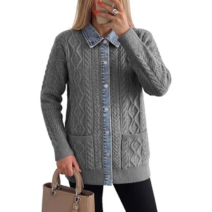 image:imageSidefeel Womens Cable Knit Denim Collar Cardigan Sweaters  Chunky KnitButton Front SweaterPatchworkFunctional Patch PocketsTunic LengthLong SleeveFall Winter OutfitMedium Grey